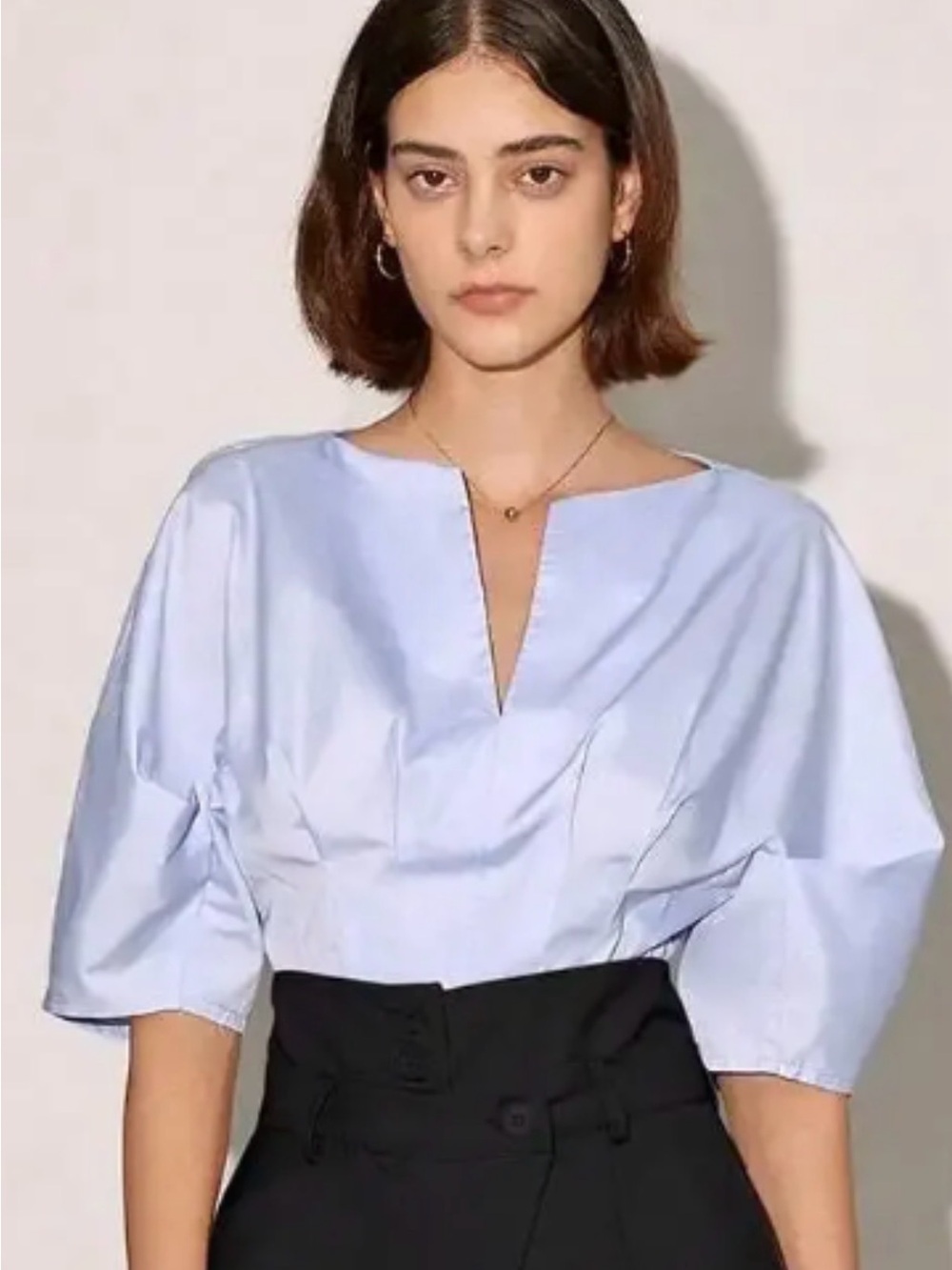 Cropped Pale Blue Split-Neck Puff Sleeve Blouse from AEL